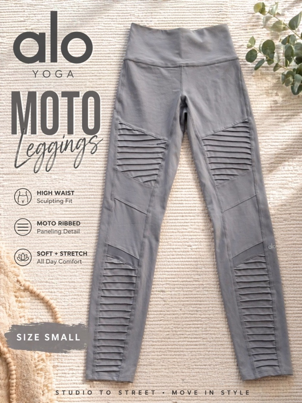 ALO Yoga Moto Ribbed Panel Leggings Gray High Waist Size